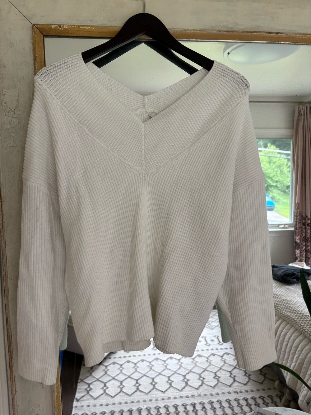 Next Cream Off-the-Shoulder Ribbed V-Neck Sweater